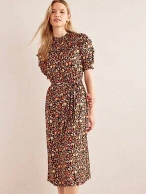 Boden Floral Yoke Detail Jersey Midi Dress Black Block Petal 6 Pockets